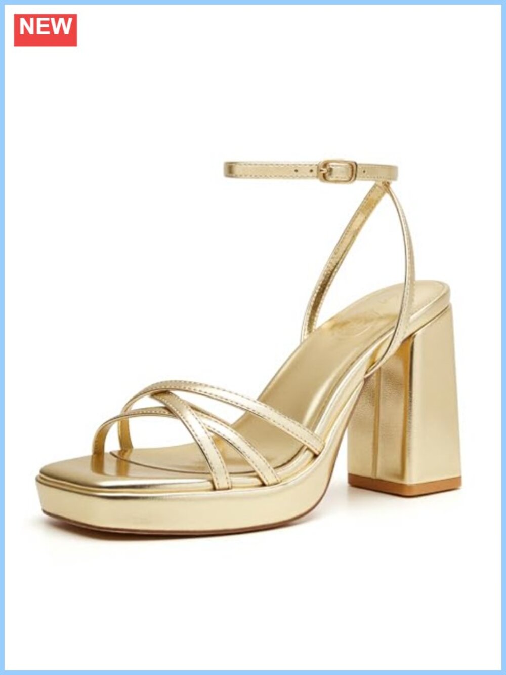 Square Toe Strappy Gold Block Heels with 3" Heel and Platform